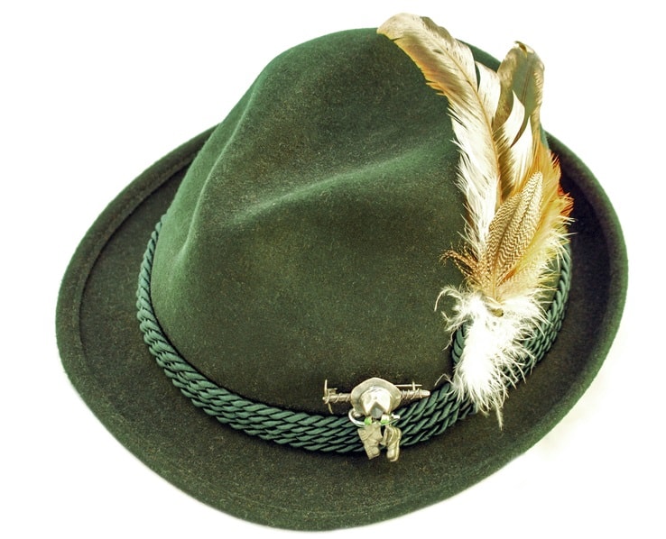 This is a green deluxe Bavarian wool Alpine Hat with green bands and a feather.